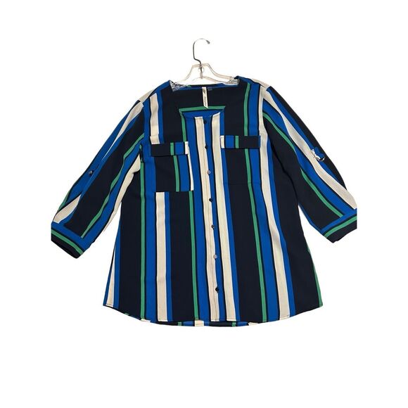 NY Collection Women’s Size L Button Down Striped Career Blouse Roll Tab Sleeves - Picture 5 of 13